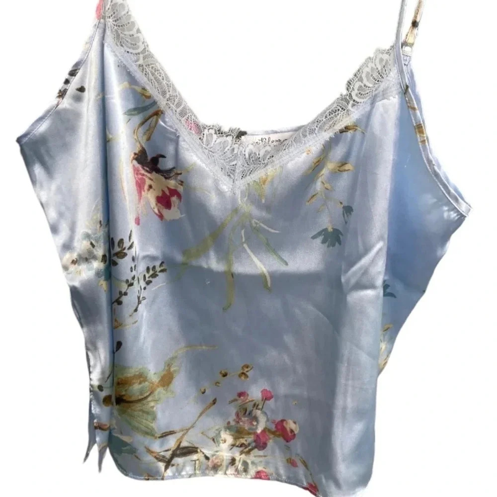 NWT‎ In Bloom by Jonquil  Lace Trim Chemise Light Blue w/Flowers Sz L